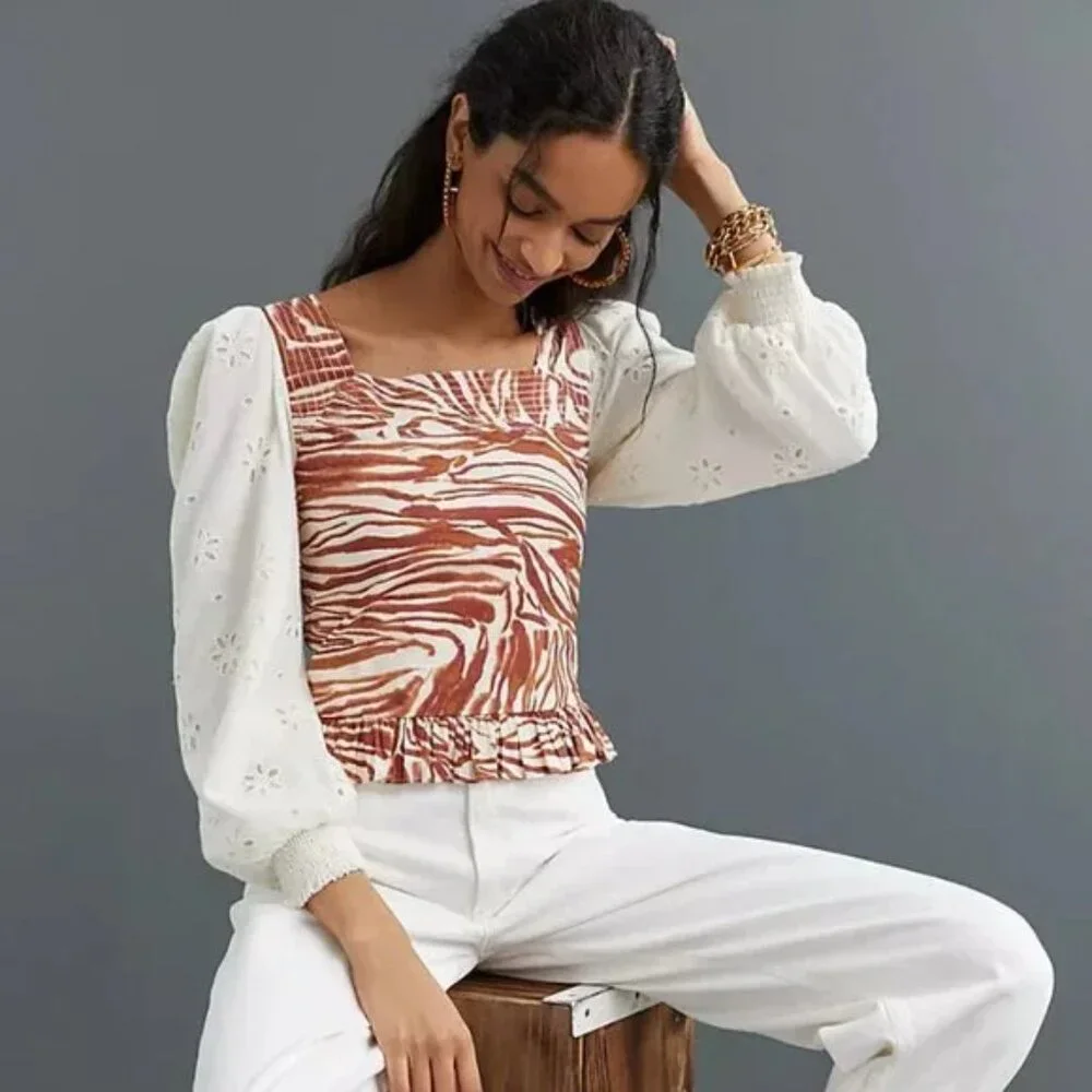 Anthropologie Love the Label Smocked Puff-Sleeve Blouse M